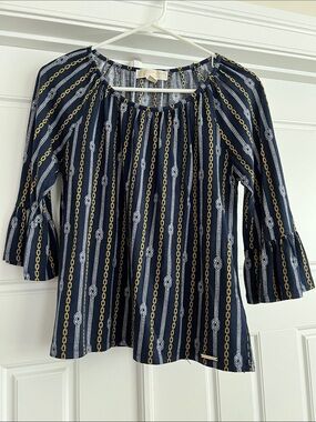 Michael Kors Navy Chain-Print Peasant Blouse with Gold Accents